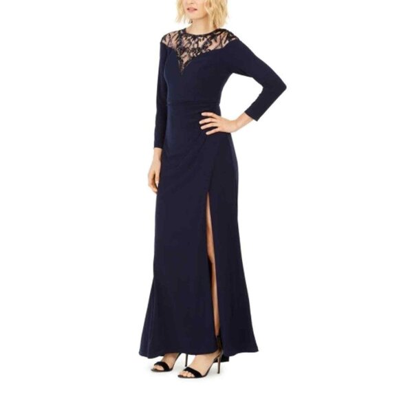 Adrianna Papell Illusion-Lace Gown Midnight Blue 4 - Picture 1 of 12